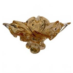 Vintage Chalet Art Glass Light Honey Amber on Clear 10.5" Cigar Ashtray - Signed